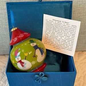 Pier 1 Hand-Painted Snowman Ornament Reverse painted.